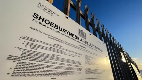 Stuart Woodward / BBC A sign for the Shoeburyness Artillery Ranges.