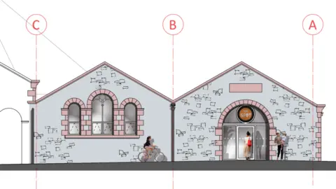 Craig & Meyer Architects An artist's impression of how the building will look once The Spot opens inside. The architect's design shows the two stone buildings. A circular sign for The Spot has been installed above the entrance.
