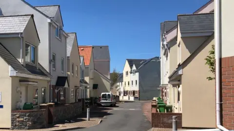 A street view of several recently-built houses, and a van parked on the pavement. 