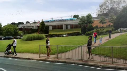 A CGI impression of the Midlands Metro in Dudley borough showing people walk along the pavement and a blue tram in the distance going over a bridge.