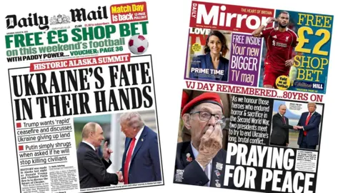 A composite image of the front pages of the Daily Mail and the Daily Mirror on 16 August 2025