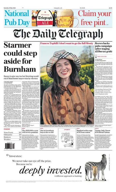 The headline on the front page of the Daily Telegraph reads: "Starmer could step aside for Burnham."