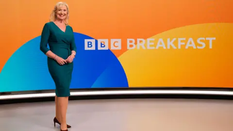 Carol Kirkwood, presenting the BBC Weather in the BBC Breakfast studio