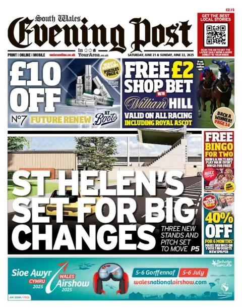 South Wales Evening Post South Wales Evening Post front page headline in front of photo of St Helen's Sports Ground: St Helen's set for big changes; Three new stands and pitch set to move.