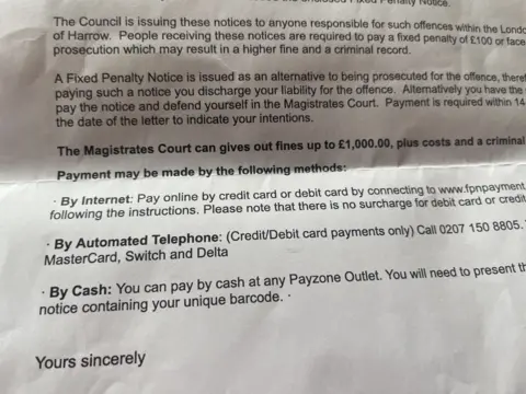 A fixed penalty notice letter