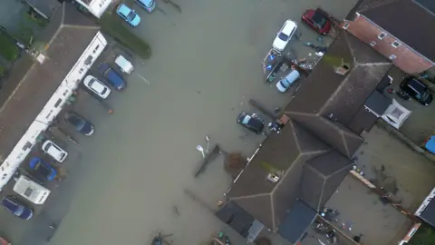 PA Media An aerial view of flooding in Loughborough