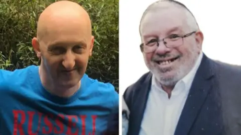 Family photos Image shows Adrian Daulby, who is bald and is wearing a blue t-shirt, alongside another image of Melvyn Cravitz, who has short hair and is wearing glasses. He has a beard and is wearing a white shirt and a dark blue suit. Both men are smiling at the cameras taking the photos of them. 