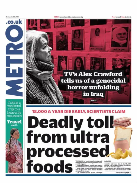 The front page of the Metro newspaper. The headline reads: 'Deadly toll from ultra processed foods'. 