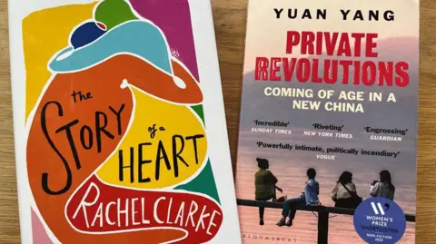 The two front covers of The Story of a Heart and Private Revolutions. The Story of a Heart has a colourful illustration of two people embracing and private revolutions shows four young girls looking at a lake or a river in China