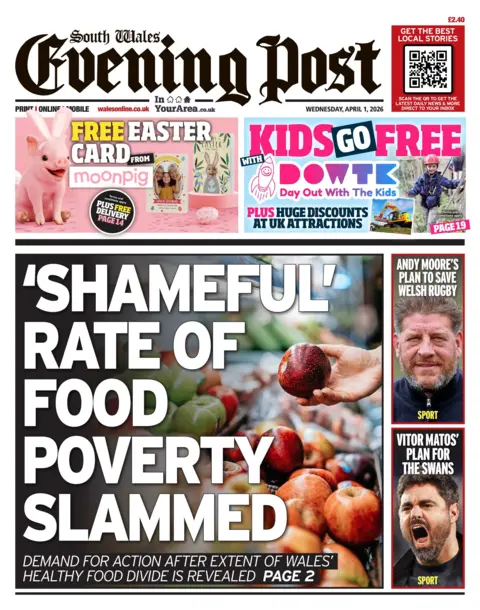 South Wales Evening Post Front page of South Wales Evening Post. The headline reads 'Shameful rate of food poverty slammed'.