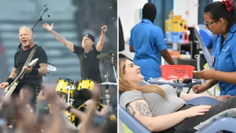 EPA/NHS Blood and Transplant Composite image of Metallica performing a concert on the left and a woman giving blood on the right.