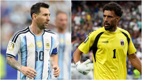 A split picture of Argentina's Lionel Messi and Cape Verde goalkeeper Vozinha