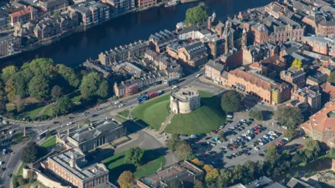 An areal view of Clifford's Tower in York, and the surrounding area.