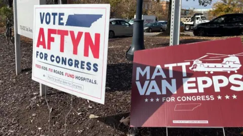 Two yard signs showing support for Aftyn and another for Van Epps