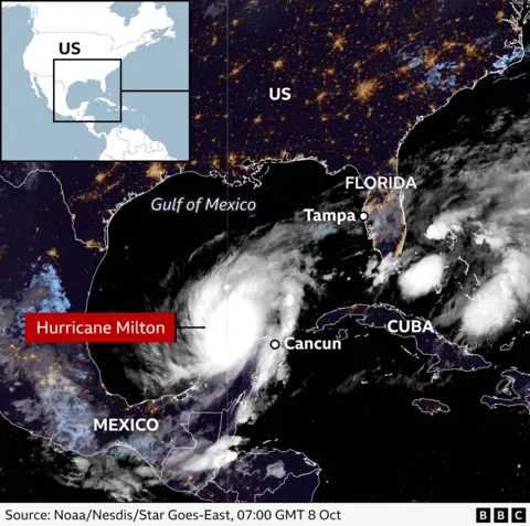 An annotated satellite image, dated 06:50 GMT on 8 October, shows the position of Hurricane Milton in the Gulf of Mexico as it heads towards Tampa Bay in Florida