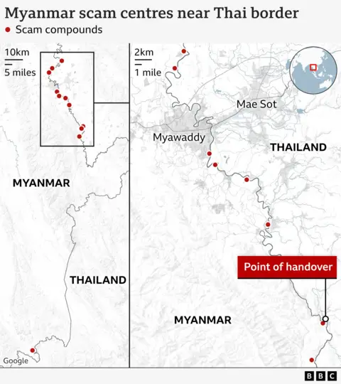 Map showing scam centers with Myanmar - Thailand border and the point where the workers issued were handed over to the Thai Army