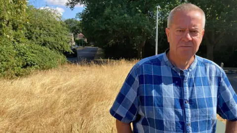 A man in a short-sleeved blue checkered shirt standing in front of long, brown grass.