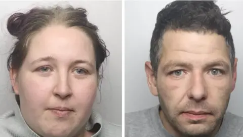 Dyfed-Powys Police Mugshots of Sinead James (left, with died purple hair tied back and grey jumper) and Kyle Bevan (stubble, greying dark hair and a grey t-shirt)