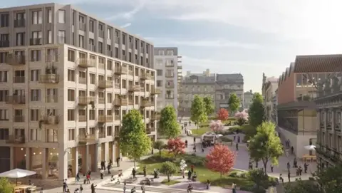 Bradford Council Architect's drawing shows a city centre regeneration project with apartment blocks, tree lined streets and pocket parks blending with historic buildings