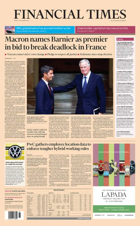  "Macron names Barnier arsenic  premier successful  bid to interruption  deadlock successful  France". 