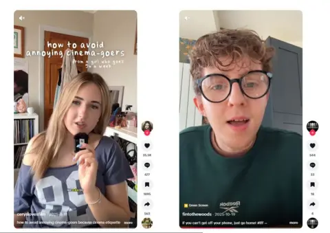 TikTok/Cerys Hawkes/Finian Hackett Screenshots of Cerys Hawkes and Finian Hackett's TikTok posts about being annoyed about being disturbed in the cinema
