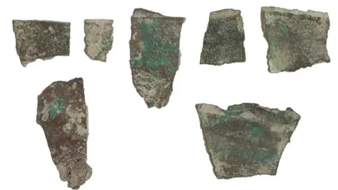 Oxfordshire Museums Service Pieces of jagged mottled green and brown metal are placed on a white background