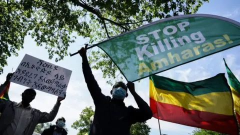 Getty Images Members of the Ethiopian community hold up signs at the US State Department to protest the ongoing murder and ethnic cleansing of members of the Amhara ethnicity in multiple regions in Ethiopia at the U.S. State Department on May 17, 2021 in Washington, DC.