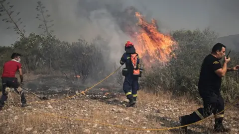 SPYROS BAKALIS/Getty Images Firefighters and a civilian try to extinguish wildfires near the village of Vati, just north of the coastal town of Gennadi
