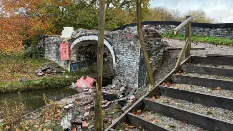 The White Bridge in Endon with damage to brickwork