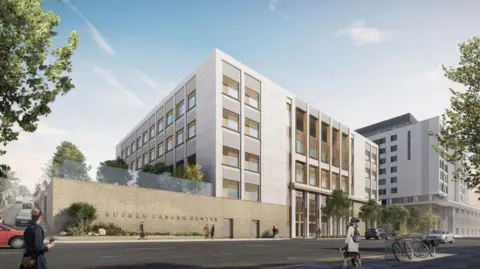 An artist's impression of the new cancer centre, a five storey building in white with a concrete wall to the side which has a glass balcony above it and the tops of trees visible. The site opens out on to a road and another taller building is seen behind it.