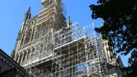 Worcester Cathedral Scaffolding around the tower