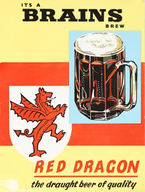 Brains old Brains advert showing pint and Welsh dragon