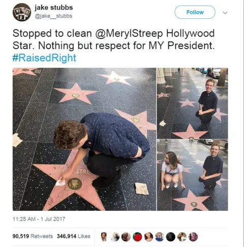 Twitter / @jake_stubbs Man kneeling next to Meryl Streep Hollywood star. Tweet saying: Stopped to clean @MerylStreep Hollywood Star. Nothing but respect for MY President. #RaisedRight