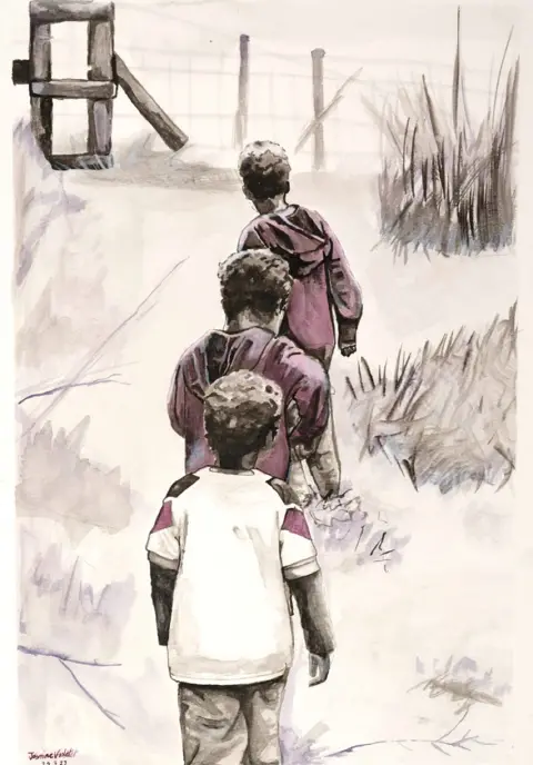 Jasmine Violet Artwork by Jasmine Violet showing three boys in the countryside