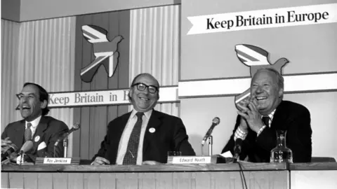 PA Roy Jenkins with Liberal leader Jeremy Thorpe and Conservative Edward Heath in 1975 EEC referendum