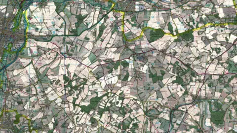 Ordnance Survey A map labelled "Winchester District", containing a few green patches indicating vegitation but mainly shaded in light colours to indicate rural areas dried out by long hot-spells