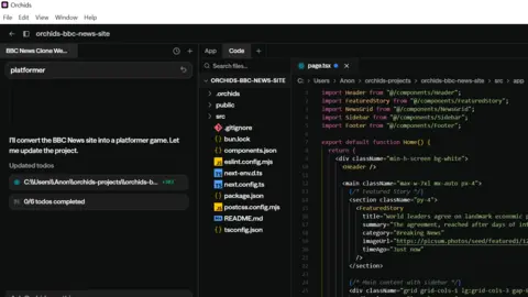 Screenshot of the Orchids app. Shows computer code being created in an action window and folders and chat box