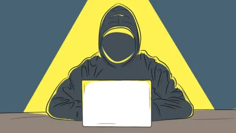 George Wafula/BBC Illustration of a shadowy figure in a hoodie at a computer in a pool of light