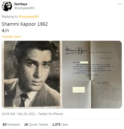 Twitter/@samjawed65 Shammi Kapoor's letter