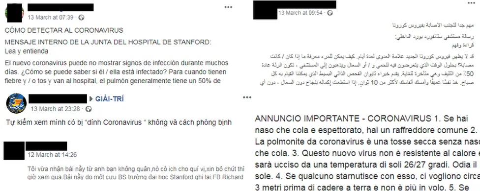 Facebook Just a few of the many versions of the post that appeared in different languages