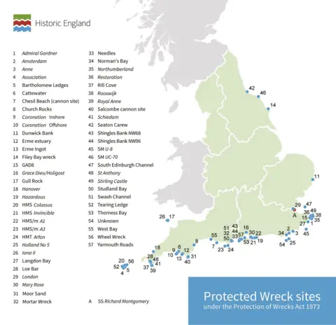 Historic England  The list of protected sites marked on a map