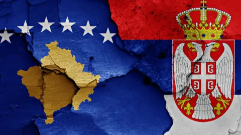 Getty Images Kosovo and Serbian flags