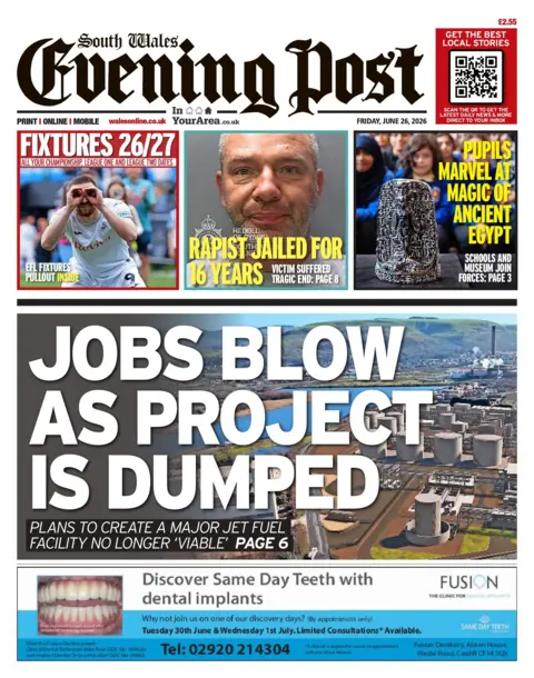 South Wales Evening Post The front page of South Wales Evening Post: Jobs blow as project is dumped