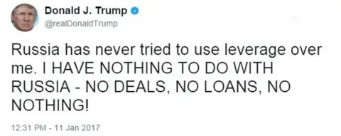 Twitter - @realdonaldtrump Tweet from Donald Trump reads: Russia has never tried to use leverage over me. I HAVE NOTHING TO DO WITH RUSSIA - NO DEALS, NO LOANS, NO NOTHING!