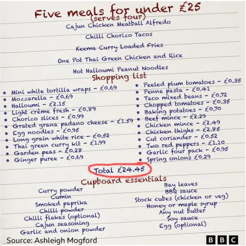 A mock up of a shopping list to cook five meals for £25