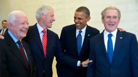 The White House  Presidents Carter, Clinton, Obama and Bush wait backstage to be introduced during the dedication of the George W. Bush Presidential Library and Museum