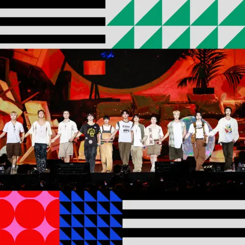 PLEDIS Entertainment A picture of all the Seventeen band members against a graphicised colourful background