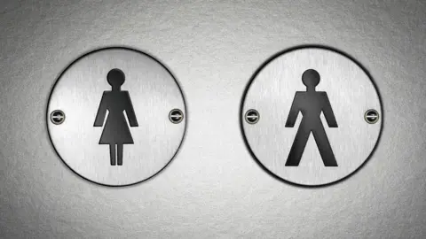 A toilet sign showing a representation of a woman and a man. The sign is made from metal.