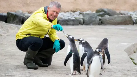 PA Media Willie Rennie feeds penguins at Edinburgh Zoo
