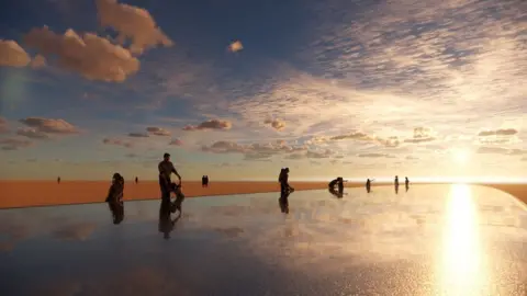 Artist impression of people looking in a long reflective pool on a beach reflecting the clouds and sun